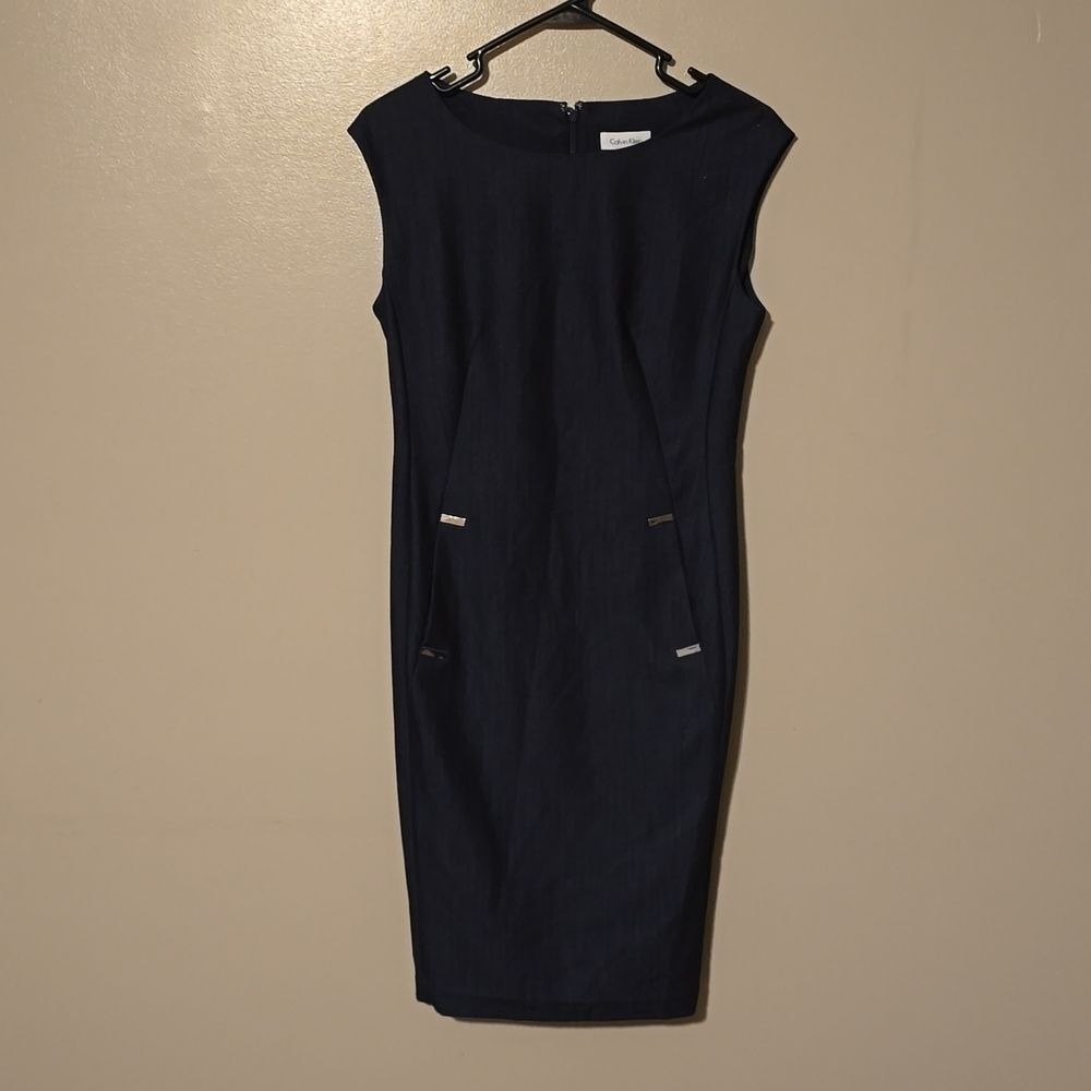 Calvin Klein Denim Chambray Metal Detail Sleeveless Sheath Dress‎ Blue Sz 4
